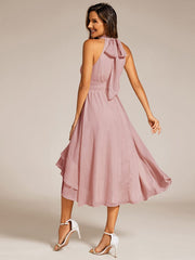 Shimmering Halter Neck Pleated High-Low Ruffle Wedding Guest Dress