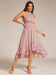 Shimmering Halter Neck Pleated High-Low Ruffle Wedding Guest Dress