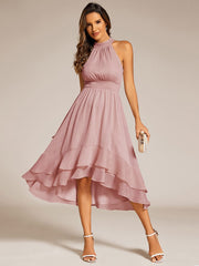 Shimmering Halter Neck Pleated High-Low Ruffle Wedding Guest Dress