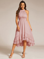 Shimmering Halter Neck Pleated High-Low Ruffle Wedding Guest Dress