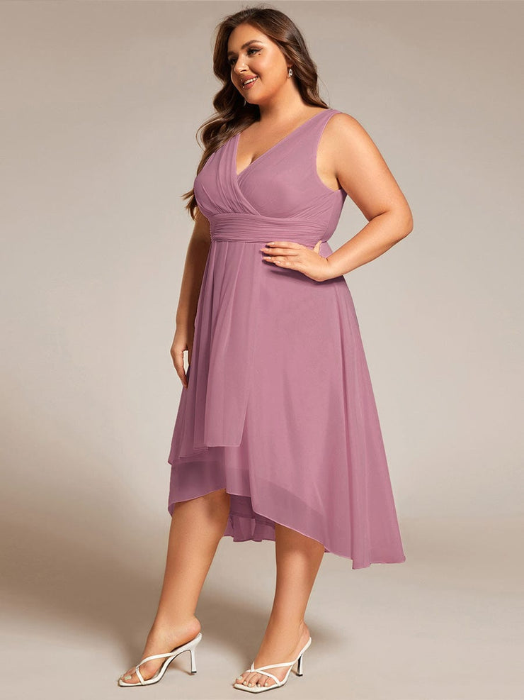 Plus Size Sleeveless Pleated High-Low Chiffon Wedding Guest Dress