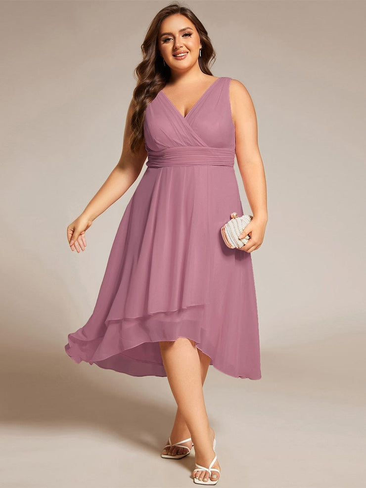 Elegant V-Neck Sleeveless Pleated High-Low Chiffon Wedding Guest Dress