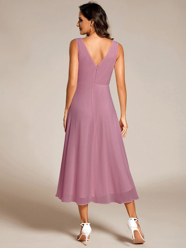 Elegant V-Neck Sleeveless Pleated High-Low Chiffon Wedding Guest Dress