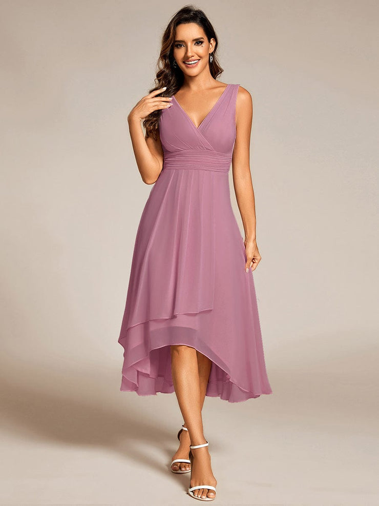 Elegant V-Neck Sleeveless Pleated High-Low Chiffon Wedding Guest Dress