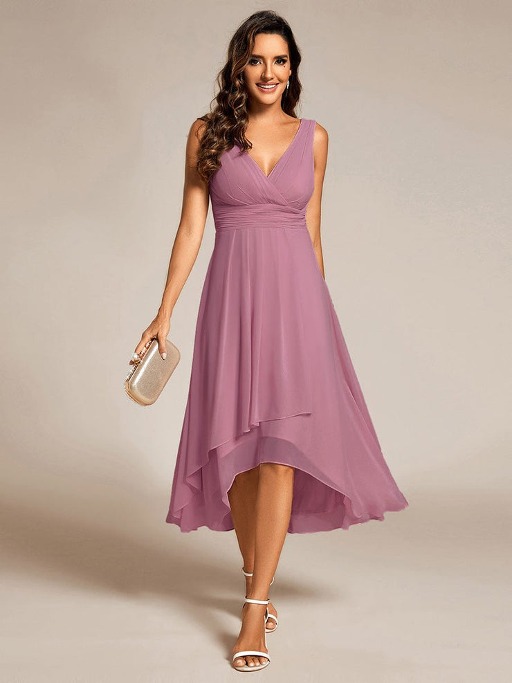 Elegant V-Neck Sleeveless Pleated High-Low Chiffon Wedding Guest Dress