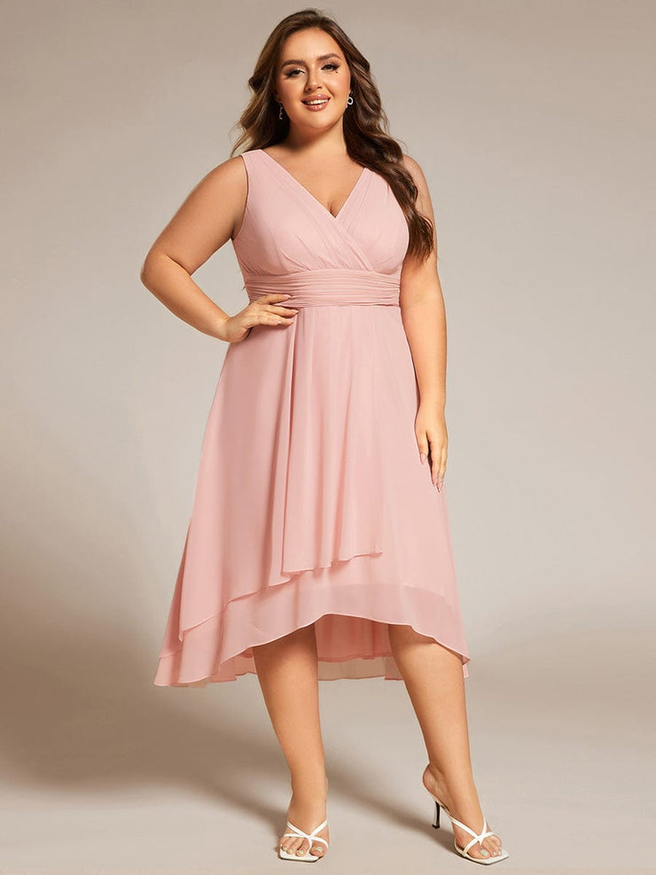 Plus Size Sleeveless Pleated High-Low Chiffon Wedding Guest Dress