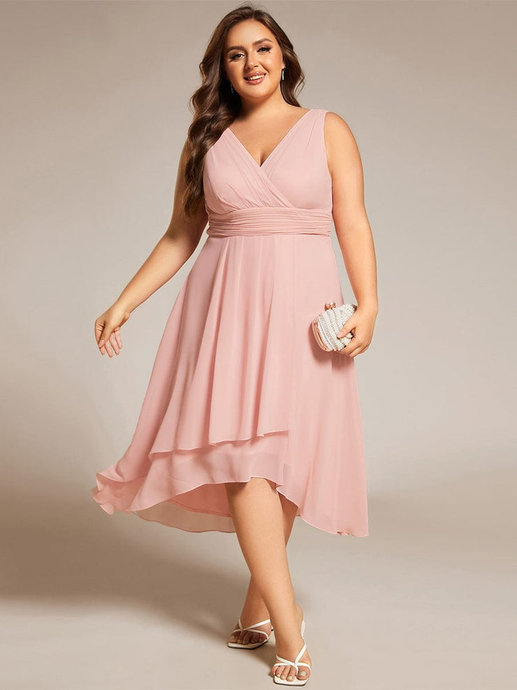 Plus Size Sleeveless Pleated High-Low Chiffon Wedding Guest Dress