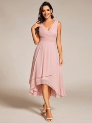 Elegant V-Neck Sleeveless Pleated High-Low Chiffon Wedding Guest Dress