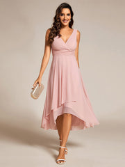 Elegant V-Neck Sleeveless Pleated High-Low Chiffon Wedding Guest Dress