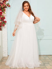 Plus Size V-Neck Lace Tulle Wedding Dresses with Ruffled Sleeves