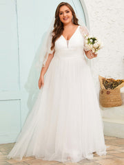 Plus Size V-Neck Lace Tulle Wedding Dresses with Ruffled Sleeves