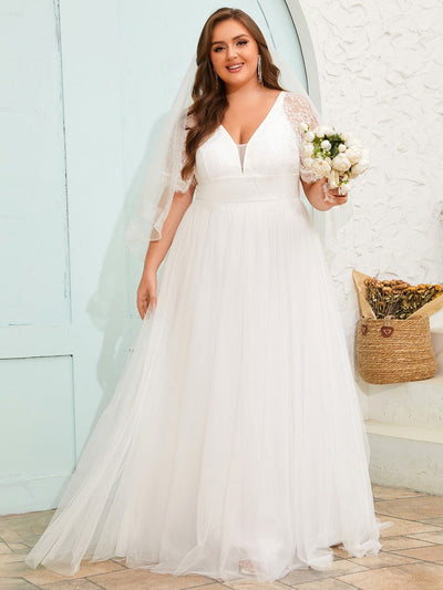 Plus Size V-Neck Lace Tulle Wedding Dresses with Ruffled Sleeves