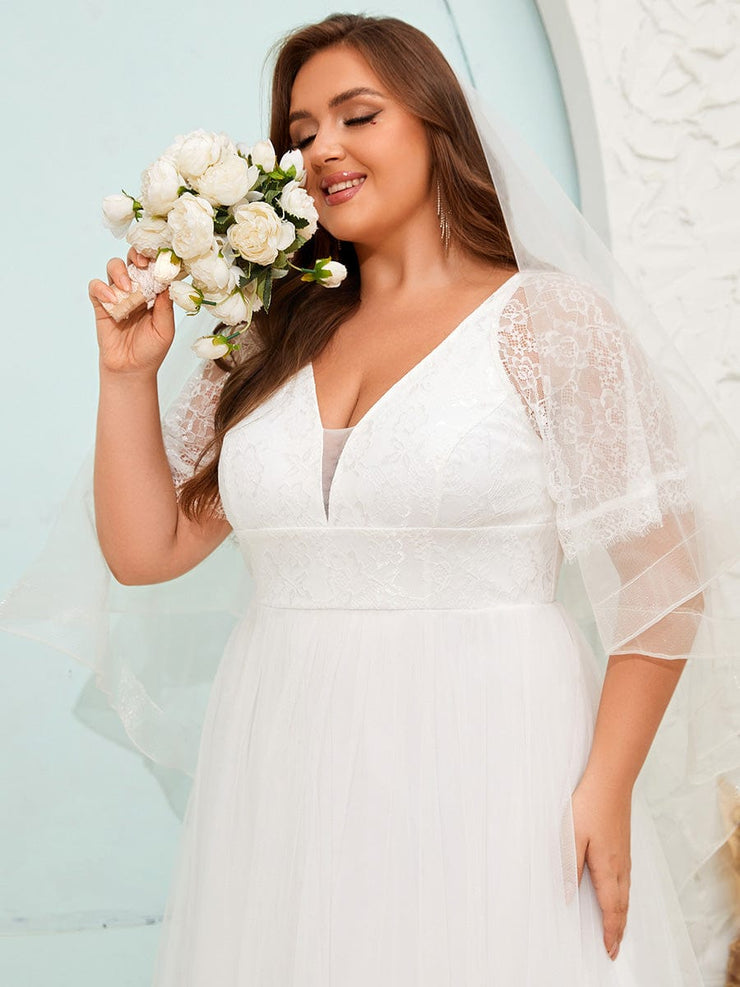 Plus Size V-Neck Lace Tulle Wedding Dresses with Ruffled Sleeves