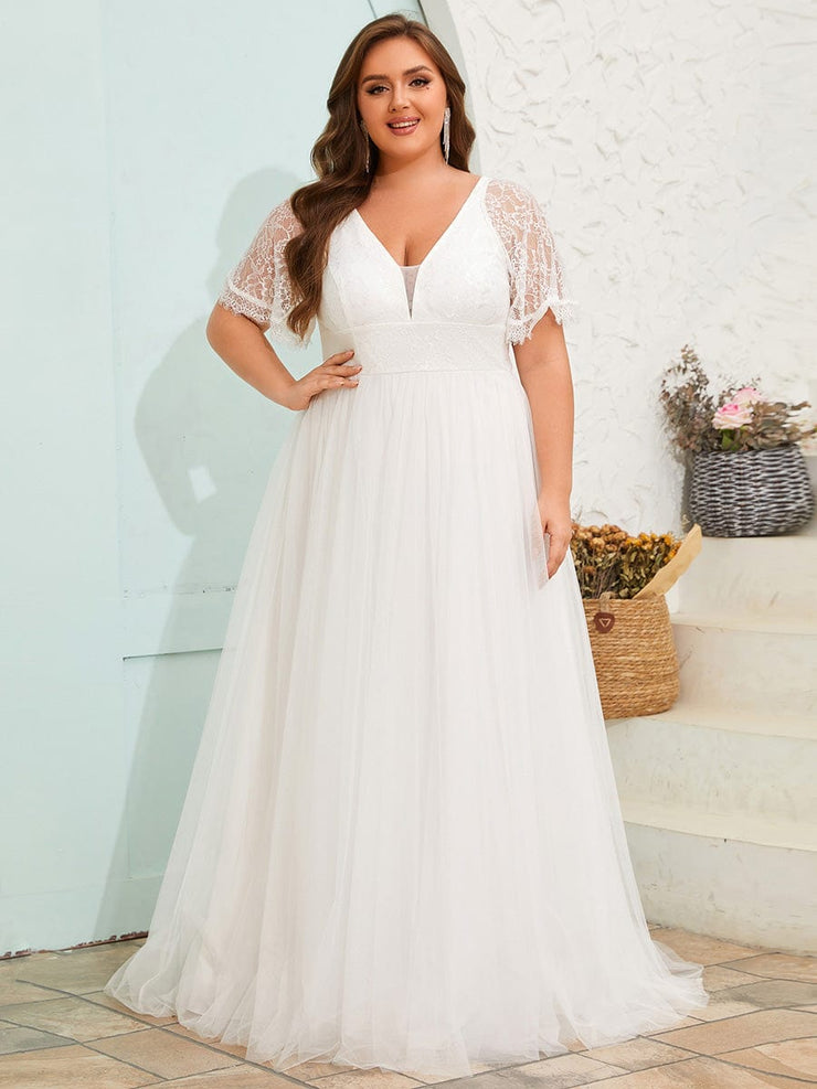 Plus Size V-Neck Lace Tulle Wedding Dresses with Ruffled Sleeves