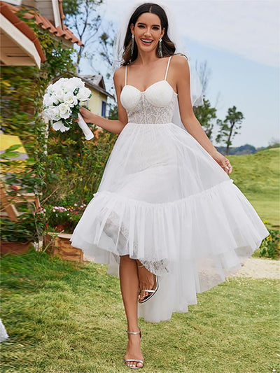 Sweetheart Corset Top High-Low Wedding Dress with Spaghetti Straps