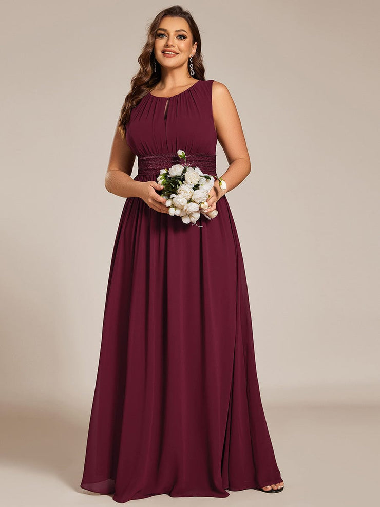 Plus Size A-Line Sleeveless Chiffon Round Neckline Bridesmaid Dress with Pleats