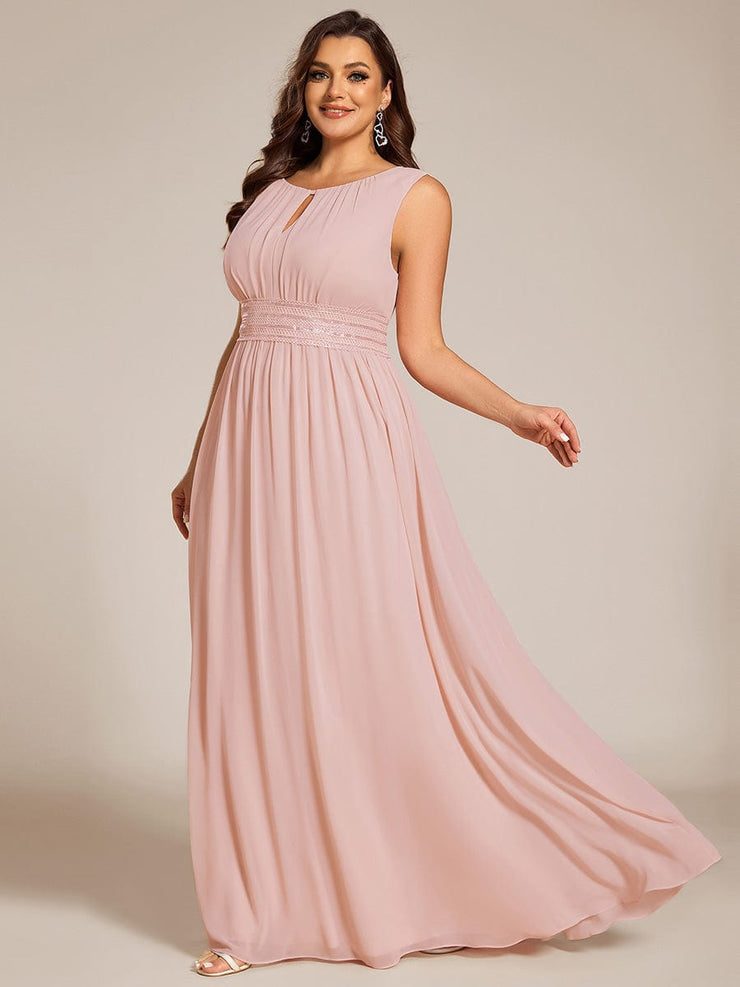 Plus Size A-Line Sleeveless Chiffon Round Neckline Bridesmaid Dress with Pleats