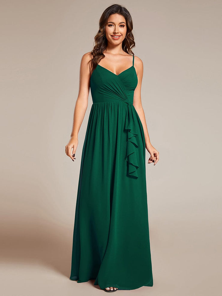 Maxi V-Neck Lotus Leaf Chiffon Bridesmaid Dress with Pleating