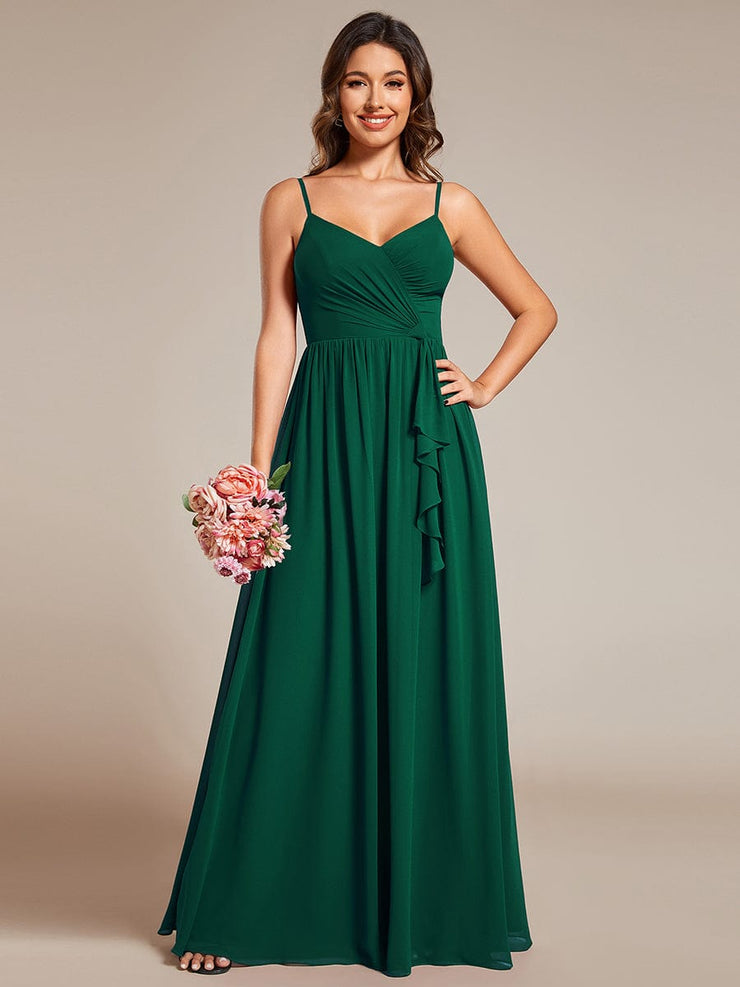 Maxi V-Neck Lotus Leaf Chiffon Bridesmaid Dress with Pleating