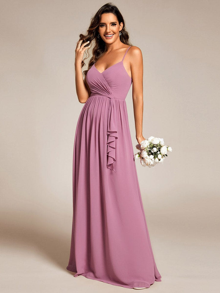 Maxi V-Neck Lotus Leaf Chiffon Bridesmaid Dress with Pleating