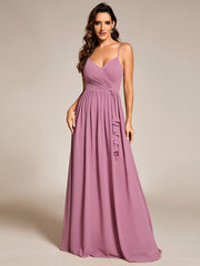 Maxi V-Neck Lotus Leaf Chiffon Bridesmaid Dress with Pleating