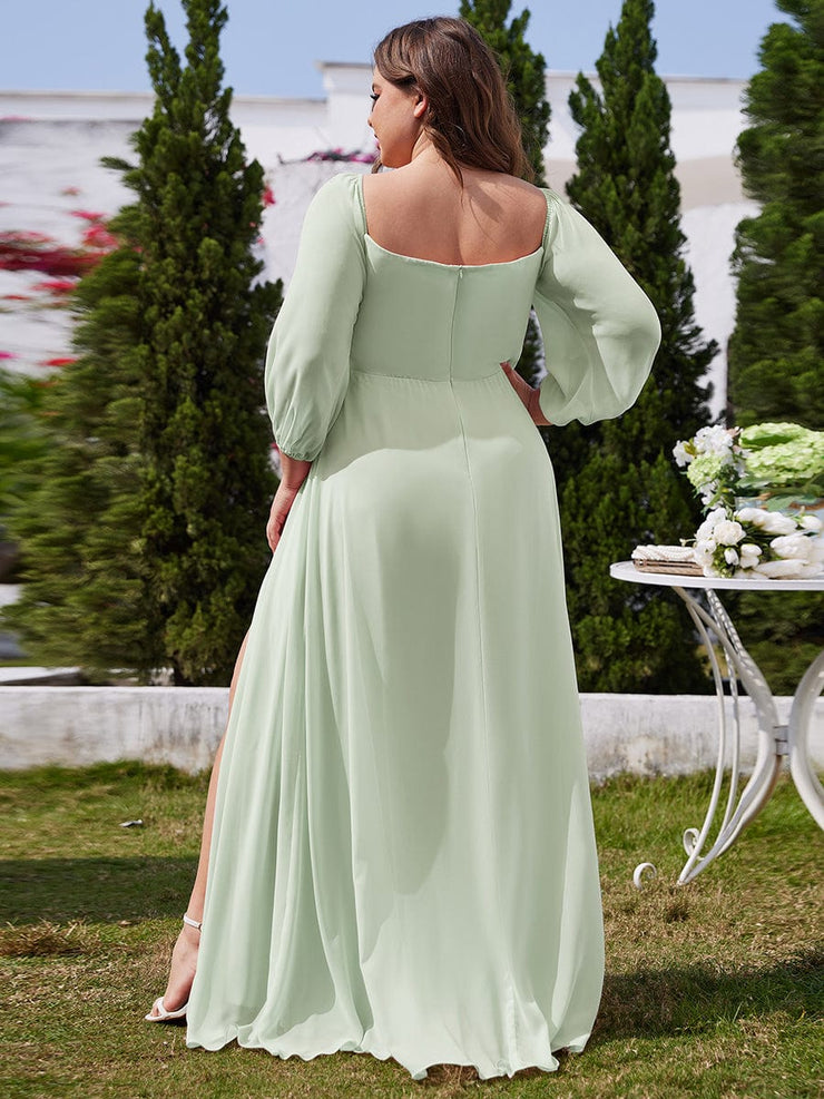 Plus Size Long-Sleeved Chiffon Off Shoulder Bridesmaid Dresses with High Slit