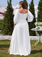 Plus Size Long-Sleeved Chiffon Off Shoulder Bridesmaid Dresses with High Slit