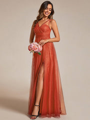 High Waist and Slit Glittering Bridesmaid Dress with V-Neck