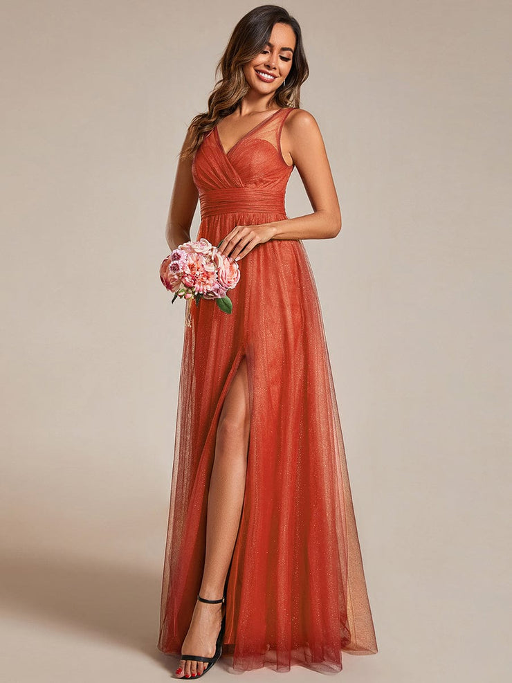 High Waist and Slit Glittering Bridesmaid Dress with V-Neck