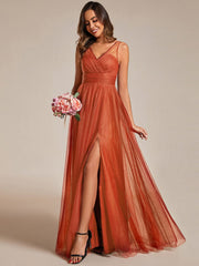 High Waist and Slit Glittering Bridesmaid Dress with V-Neck