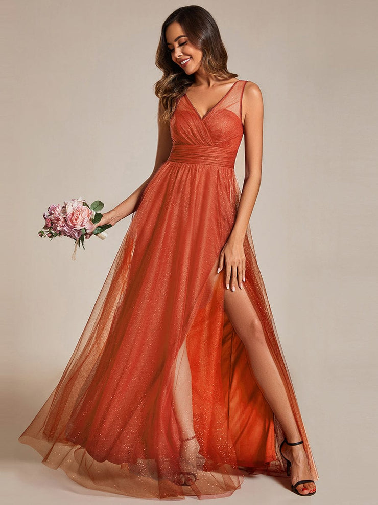 High Waist and Slit Glittering Bridesmaid Dress with V-Neck