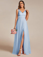 High Waist and Slit Glittering Bridesmaid Dress with V-Neck