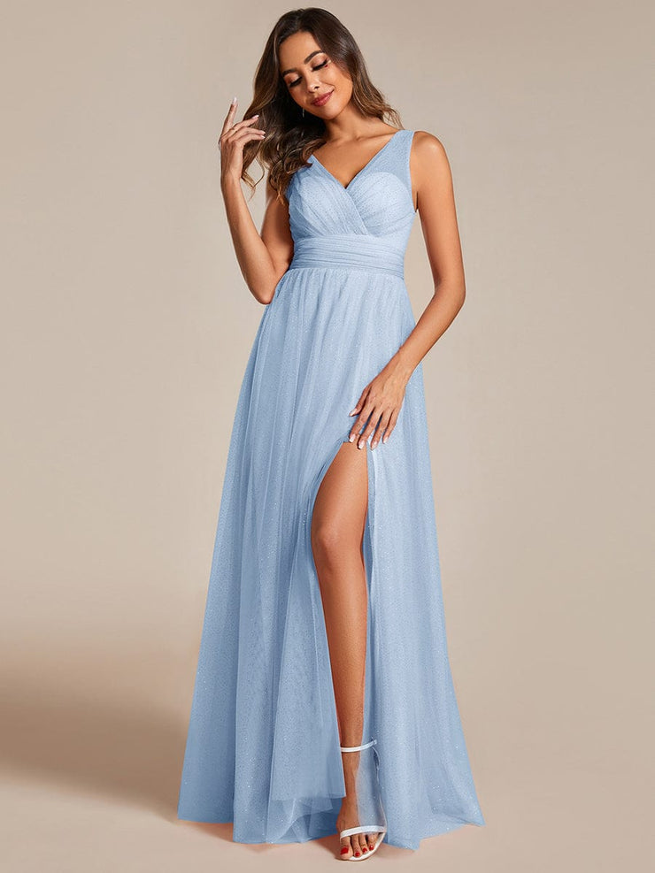 High Waist and Slit Glittering Bridesmaid Dress with V-Neck