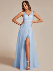 High Waist and Slit Glittering Bridesmaid Dress with V-Neck