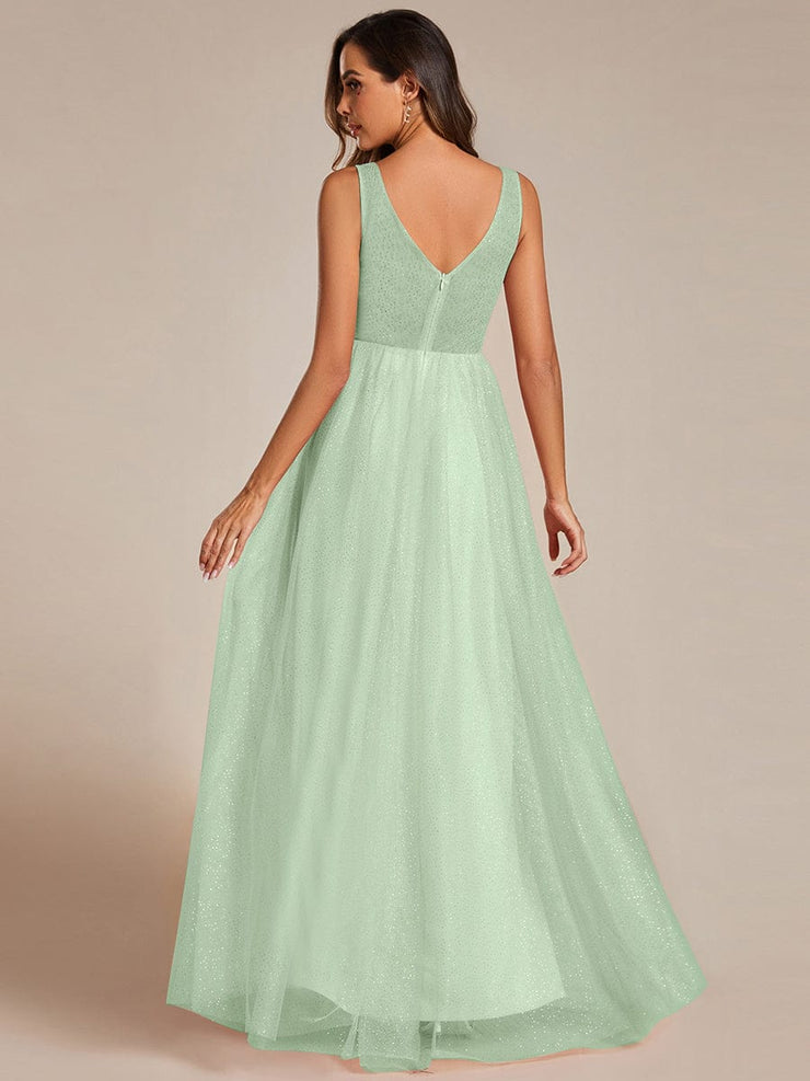 High Waist and Slit Glittering Bridesmaid Dress with V-Neck