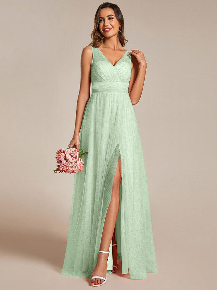 High Waist and Slit Glittering Bridesmaid Dress with V-Neck