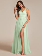 High Waist and Slit Glittering Bridesmaid Dress with V-Neck