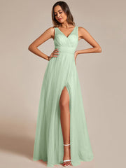 High Waist and Slit Glittering Bridesmaid Dress with V-Neck