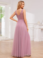 High Waist and Slit Glittering Bridesmaid Dress with V-Neck