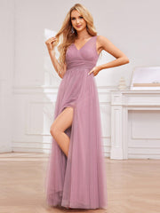 High Waist and Slit Glittering Bridesmaid Dress with V-Neck