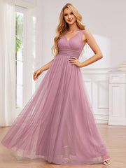 High Waist and Slit Glittering Bridesmaid Dress with V-Neck