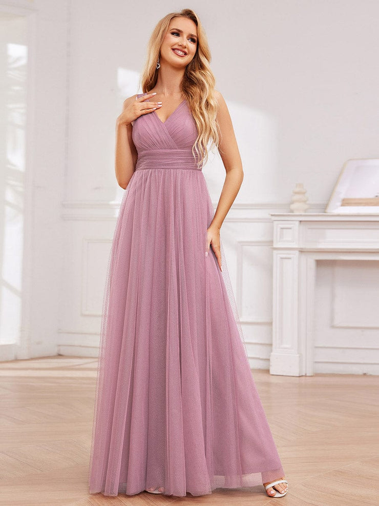 High Waist and Slit Glittering Bridesmaid Dress with V-Neck