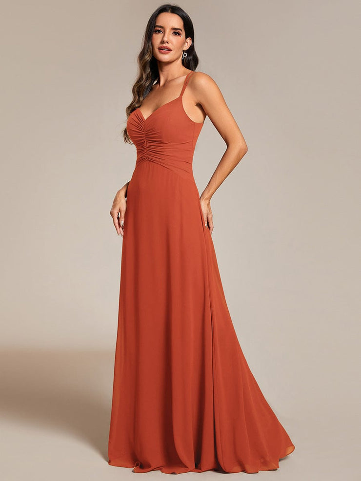 Chic Adjustable Straps Pleated Bridesmaid Dress with V-Neck