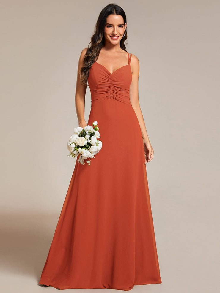 Chic Adjustable Straps Pleated Bridesmaid Dress with V-Neck