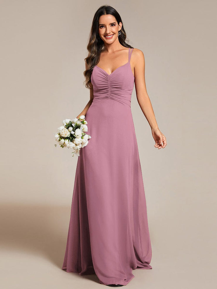 Chic Adjustable Straps Pleated Bridesmaid Dress with V-Neck