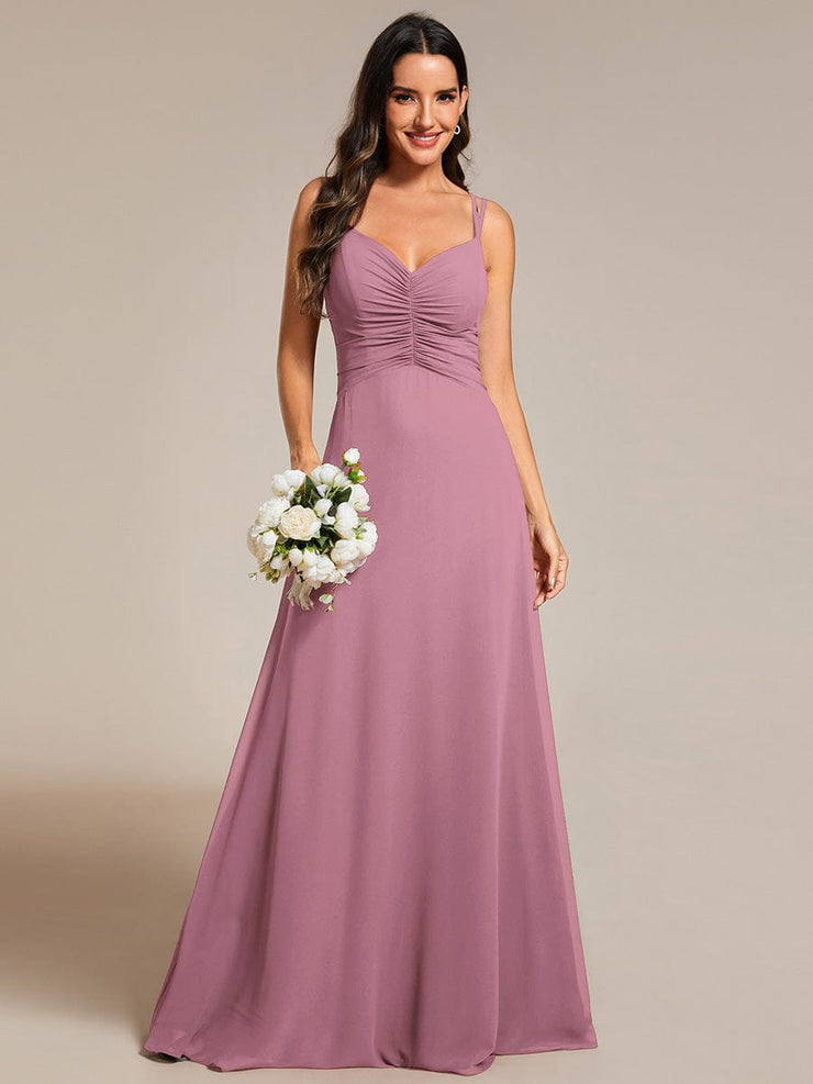 Chic Adjustable Straps Pleated Bridesmaid Dress with V-Neck