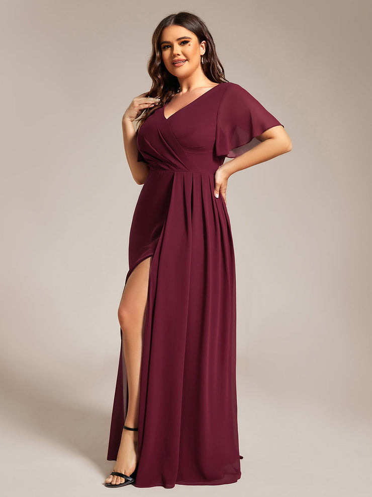 Plus Size A-Line Ruffle Sleeves High Slit Chiffon Bridesmaid Dress