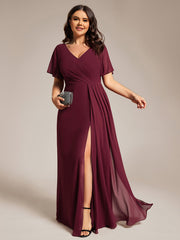 Plus Size A-Line Ruffle Sleeves High Slit Chiffon Bridesmaid Dress