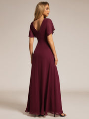 A-Line Ruffle Sleeves and High Slit Chiffon Bridesmaid Dress with V-Neck