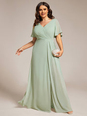 Plus Size A-Line Ruffle Sleeves High Slit Chiffon Bridesmaid Dress